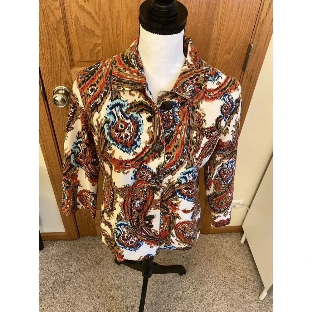 Women's Chico's Sz 1 Blazer Modern Ikat Geometric Print 3/4 Sleeve Paisley - Picture 2 of 9